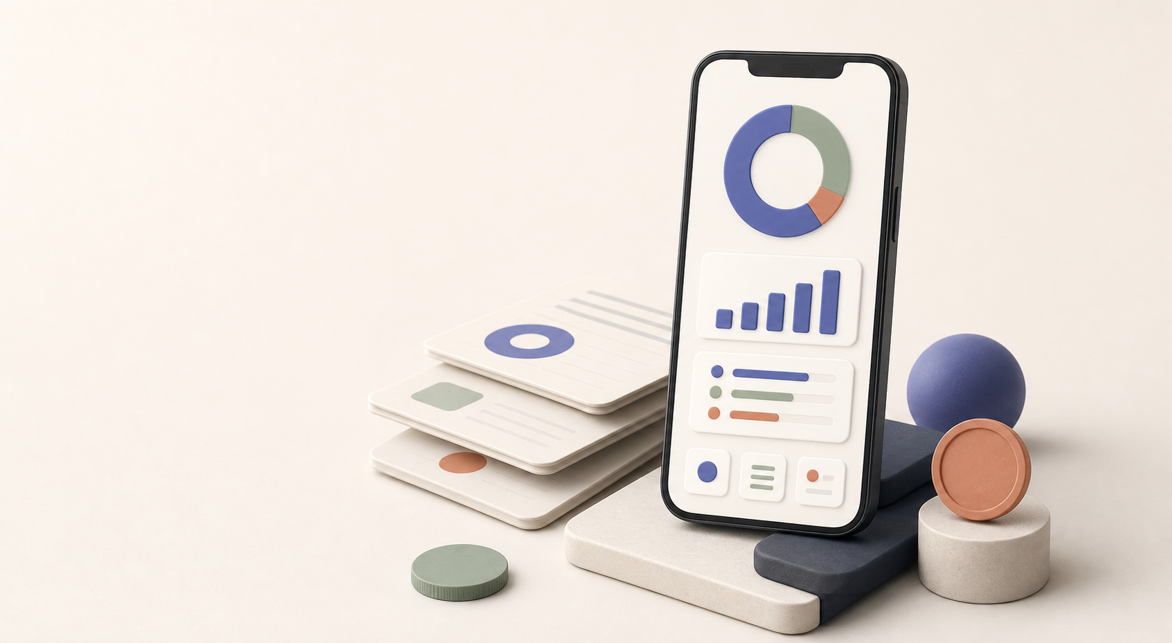 A calm illustration of a phone showing a personal finance dashboard